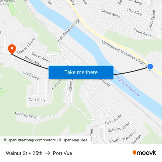 Walnut St + 25th to Port Vue map