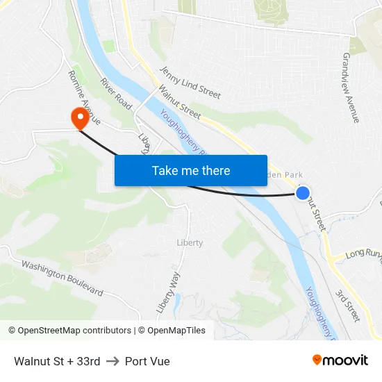 Walnut St + 33rd to Port Vue map