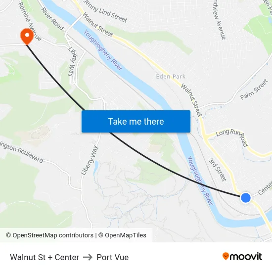 Walnut St + Center to Port Vue map