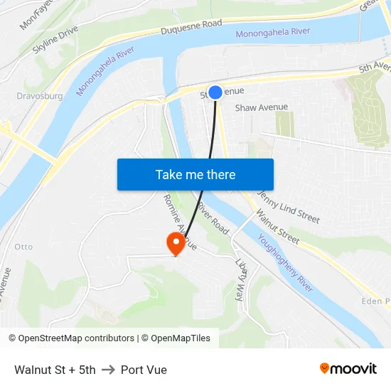 Walnut St + 5th to Port Vue map