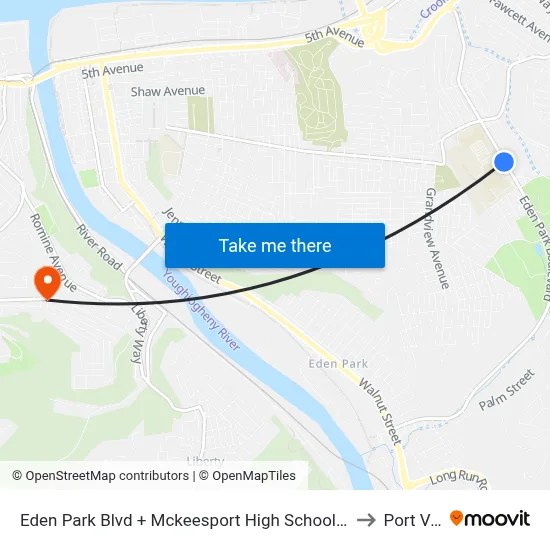 Eden Park Blvd + Mckeesport High School Drvwy to Port Vue map
