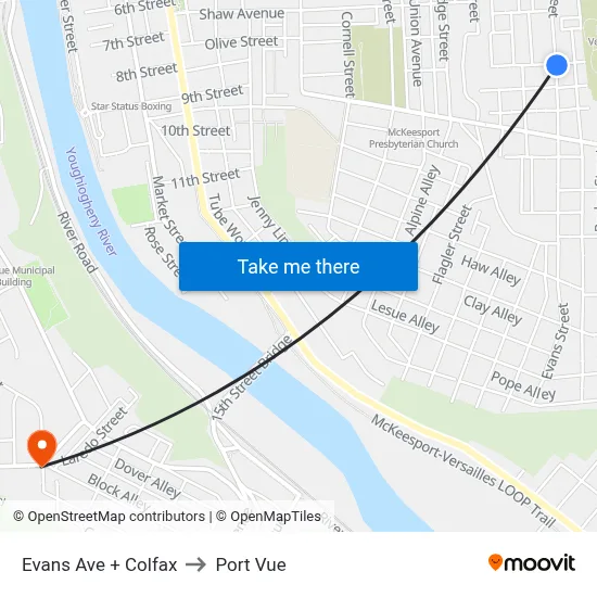 Evans Ave + Colfax to Port Vue map