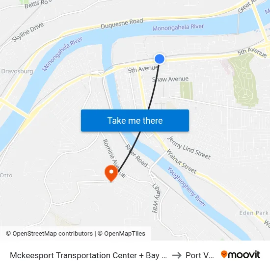 Mckeesport Transportation Center + Bay #4 to Port Vue map
