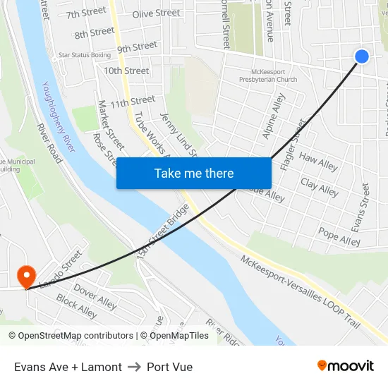 Evans Ave + Lamont to Port Vue map
