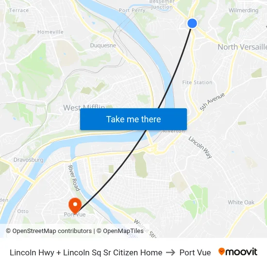Lincoln Hwy + Lincoln Sq Sr Citizen Home to Port Vue map