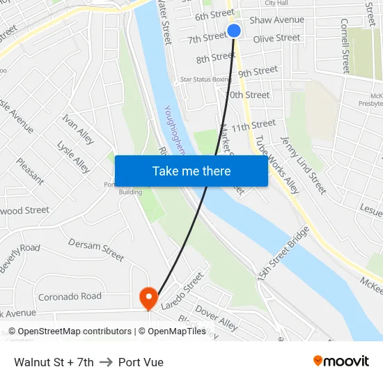 Walnut St + 7th to Port Vue map
