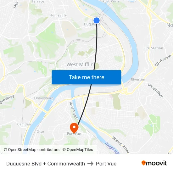 Duquesne Blvd + Commonwealth to Port Vue map