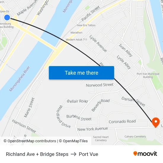 Richland Ave + Bridge Steps to Port Vue map