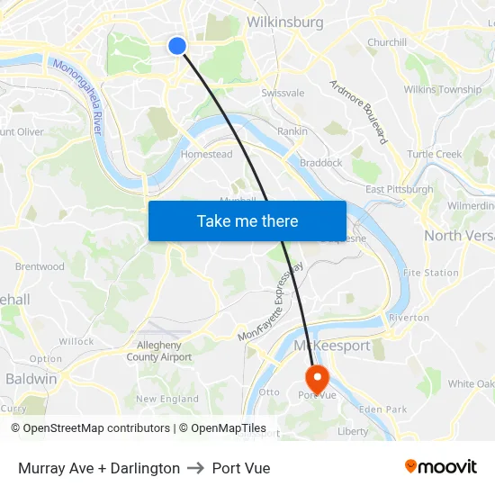 Murray Ave + Darlington to Port Vue map