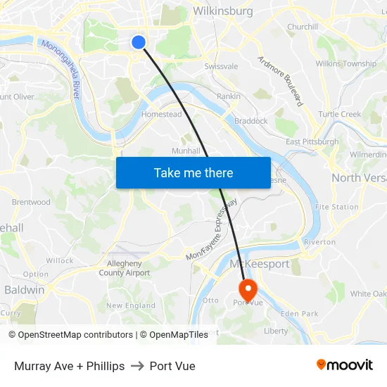 Murray Ave + Phillips to Port Vue map