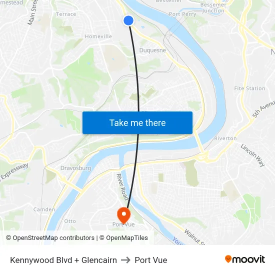 Kennywood Blvd + Glencairn to Port Vue map