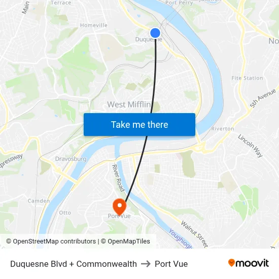 Duquesne Blvd + Commonwealth to Port Vue map