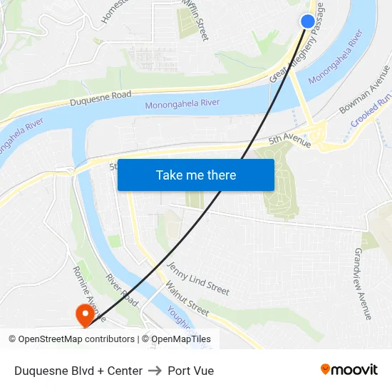 Duquesne Blvd + Center to Port Vue map