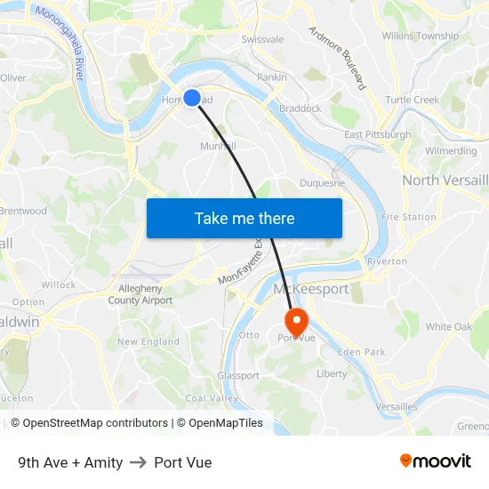 9th Ave + Amity to Port Vue map