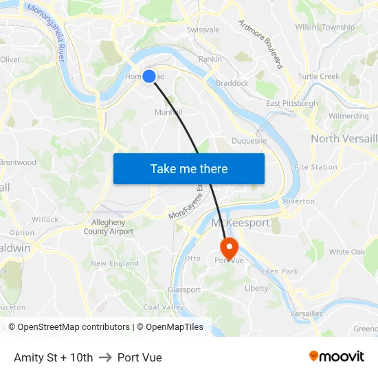 Amity St + 10th to Port Vue map