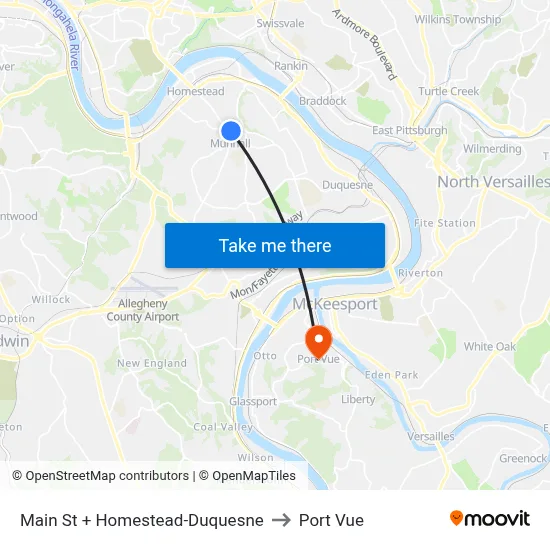 Main St + Homestead-Duquesne to Port Vue map