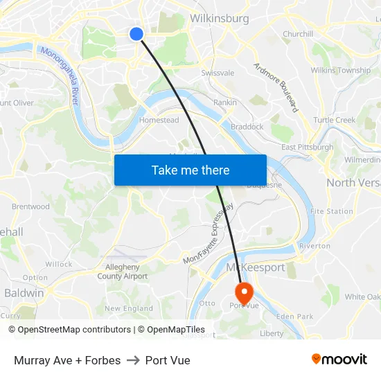 Murray Ave + Forbes to Port Vue map