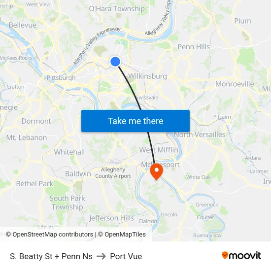 S. Beatty St + Penn Ns to Port Vue map