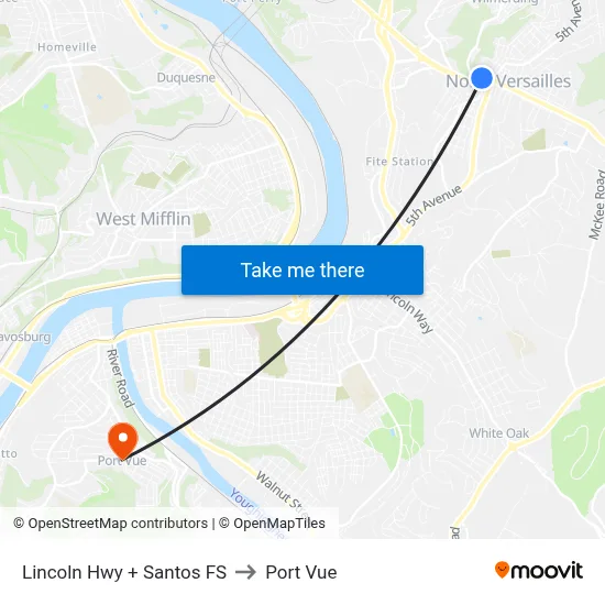 Lincoln Hwy + Santos FS to Port Vue map