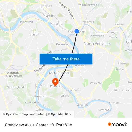 Grandview Ave + Center to Port Vue map