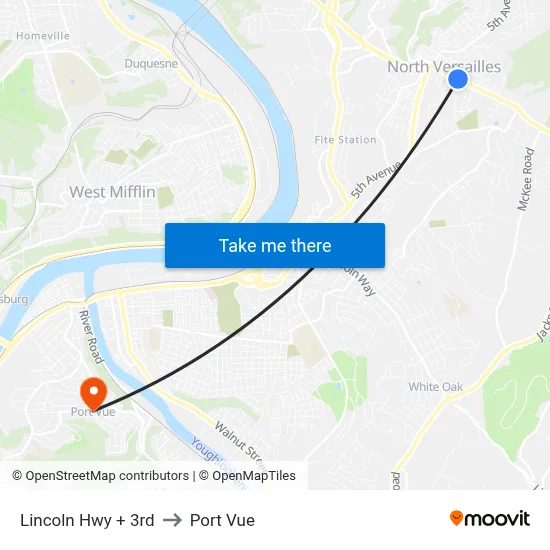 Lincoln Hwy + 3rd to Port Vue map