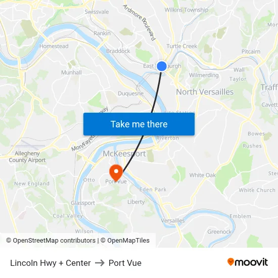 Lincoln Hwy + Center to Port Vue map