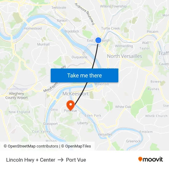 Lincoln Hwy + Center to Port Vue map