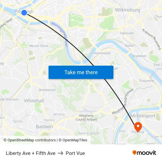 Liberty Ave + Fifth Ave to Port Vue map