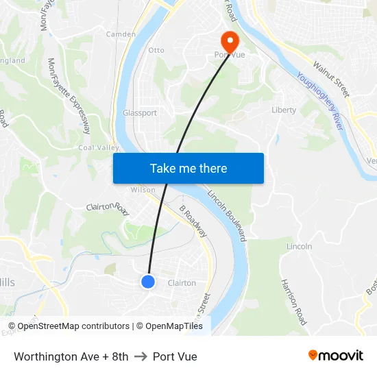 Worthington Ave + 8th to Port Vue map
