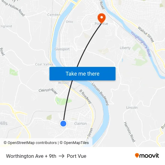 Worthington Ave + 9th to Port Vue map
