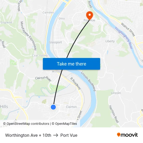 Worthington Ave + 10th to Port Vue map