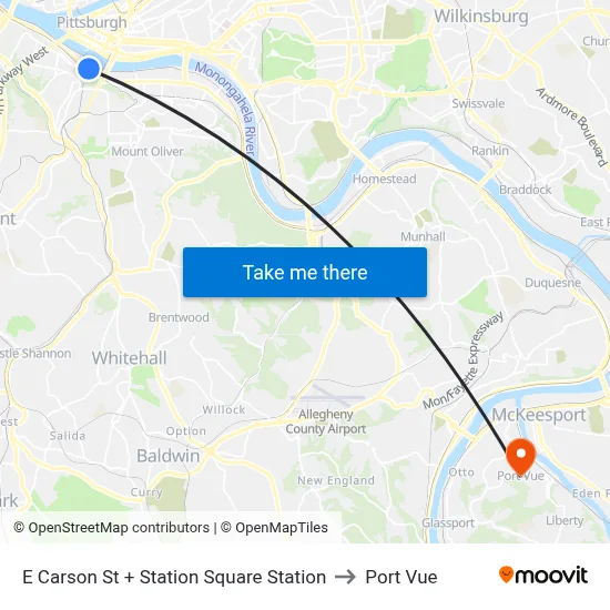 E Carson St + Station Square Station to Port Vue map