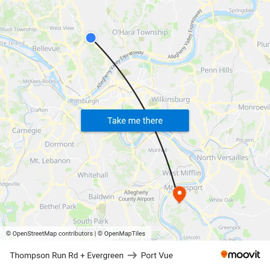 Thompson Run Rd + Evergreen to Port Vue map