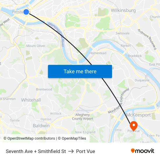 Seventh Ave + Smithfield St to Port Vue map