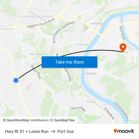 Hwy Rt 51 + Lewis Run to Port Vue map
