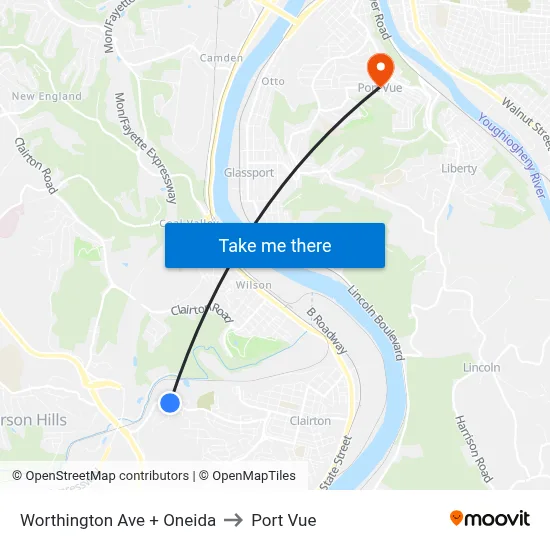 Worthington Ave + Oneida to Port Vue map