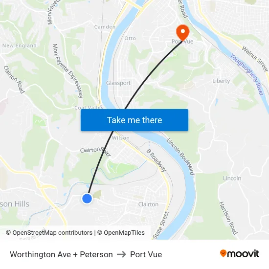 Worthington Ave + Peterson to Port Vue map