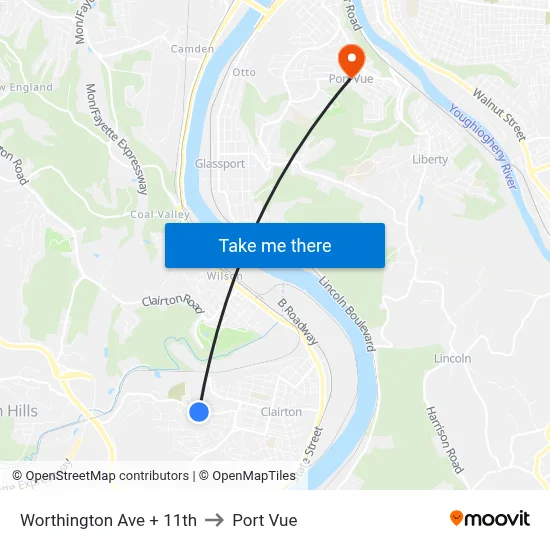 Worthington Ave + 11th to Port Vue map
