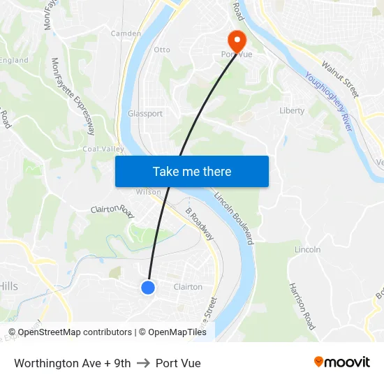 Worthington Ave + 9th to Port Vue map