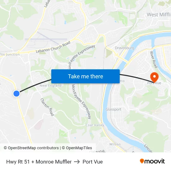 Hwy Rt 51 + Monroe Muffler to Port Vue map