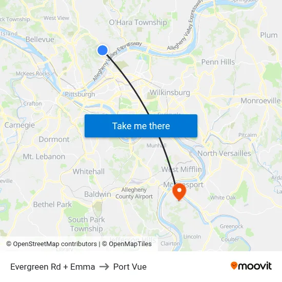 Evergreen Rd + Emma to Port Vue map
