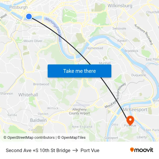 Second Ave +S 10th St Bridge to Port Vue map