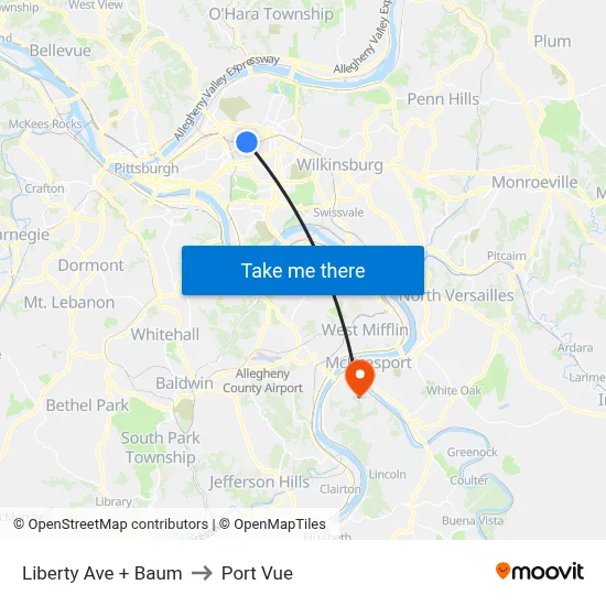 Liberty Ave + Baum to Port Vue map