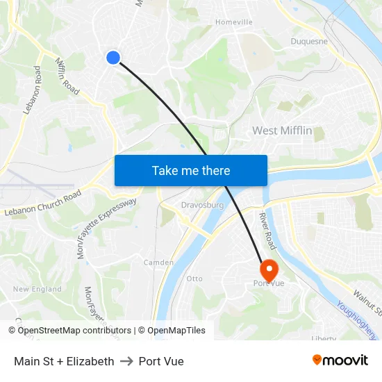 Main St + Elizabeth to Port Vue map