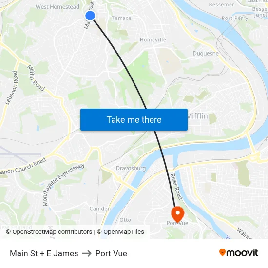 Main St + E James to Port Vue map