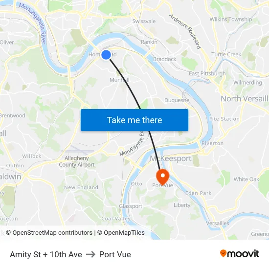 Amity St + 10th Ave to Port Vue map