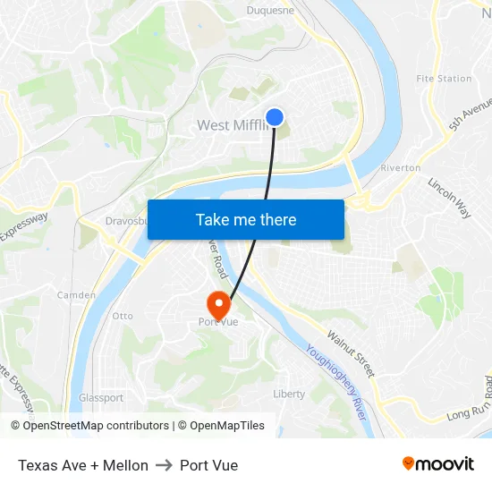 Texas Ave + Mellon to Port Vue map