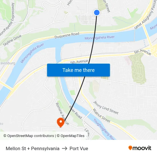 Mellon St + Pennsylvania to Port Vue map