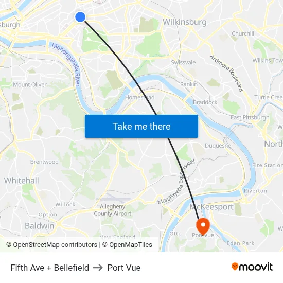 Fifth Ave + Bellefield to Port Vue map