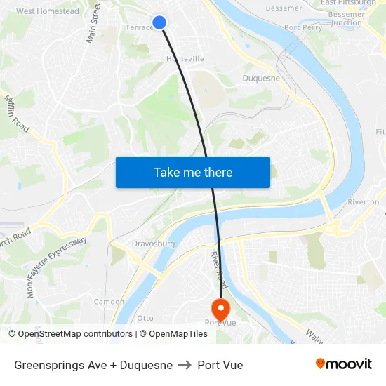 Greensprings Ave + Duquesne to Port Vue map
